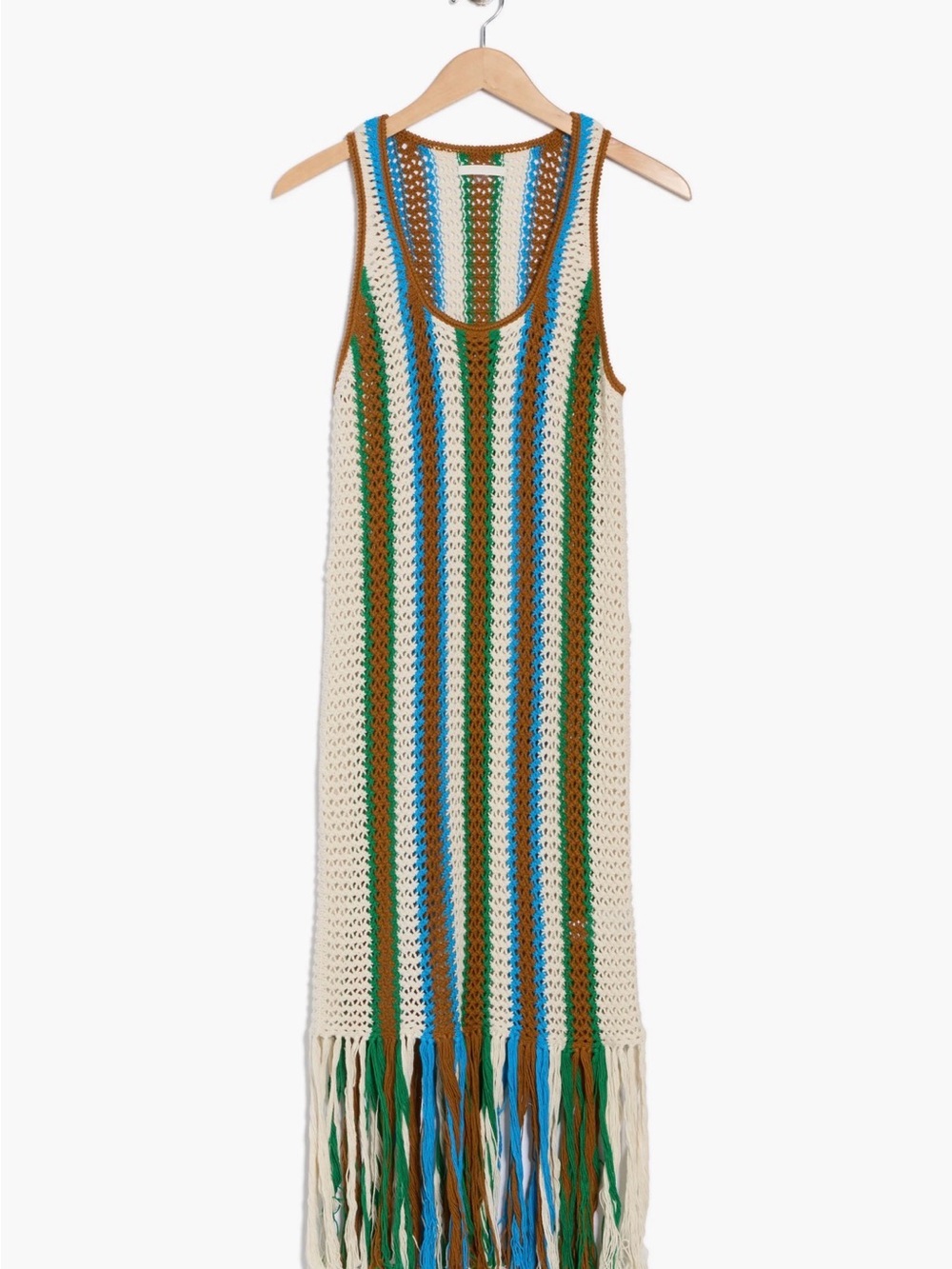 MOTHER Crochet Fringe Maxi Dress in Cream, Green & Blue